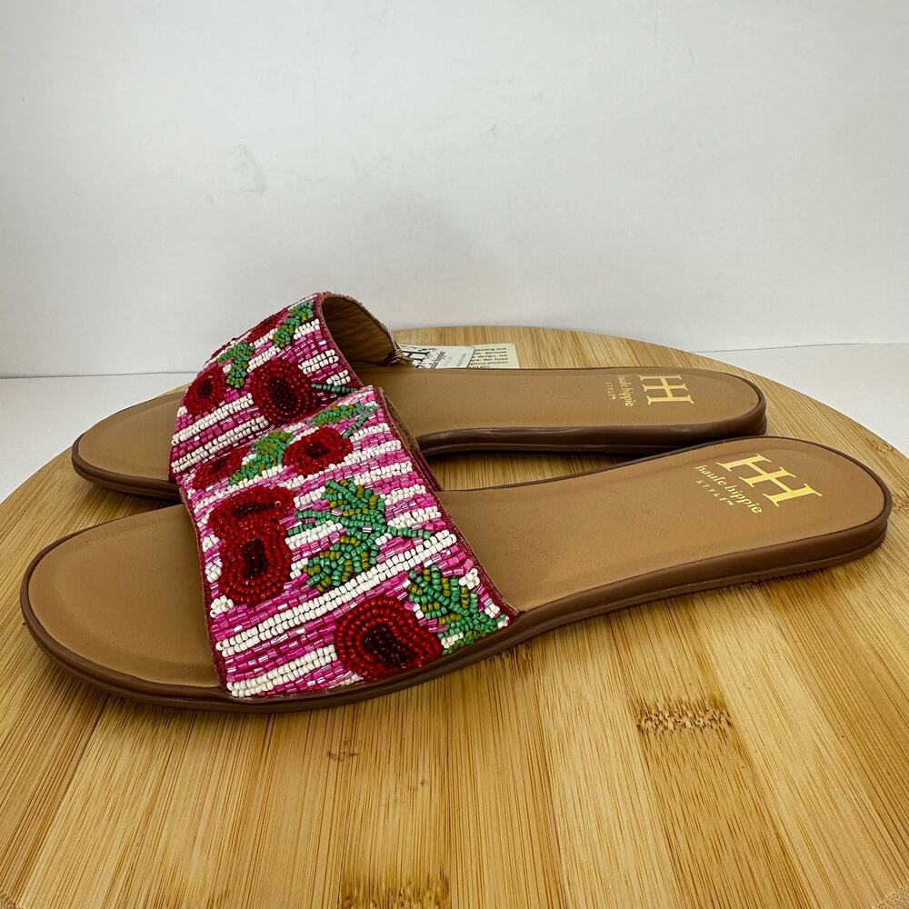 Haute Hippie Beaded Cherry Stripe Slide Sandals Pink Red Slip On Size 8.5 NEW - Picture 3 of 7